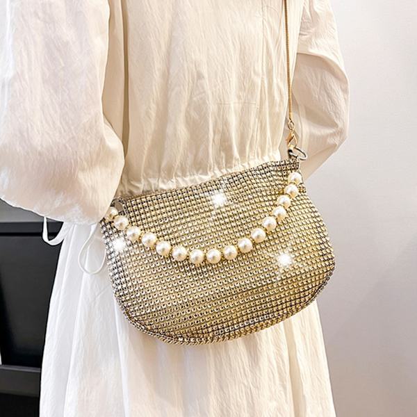 Crossbody Taske Aftentaske Fest Banket Taske Rhinestone Pearl Håndtaske Gold