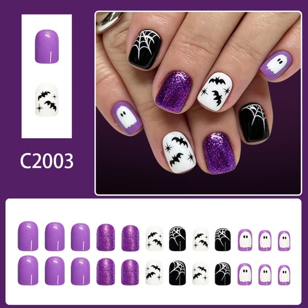 Gør-det-selv Halloween Press On Manicure Sæt, Lilla Accent Web Stil