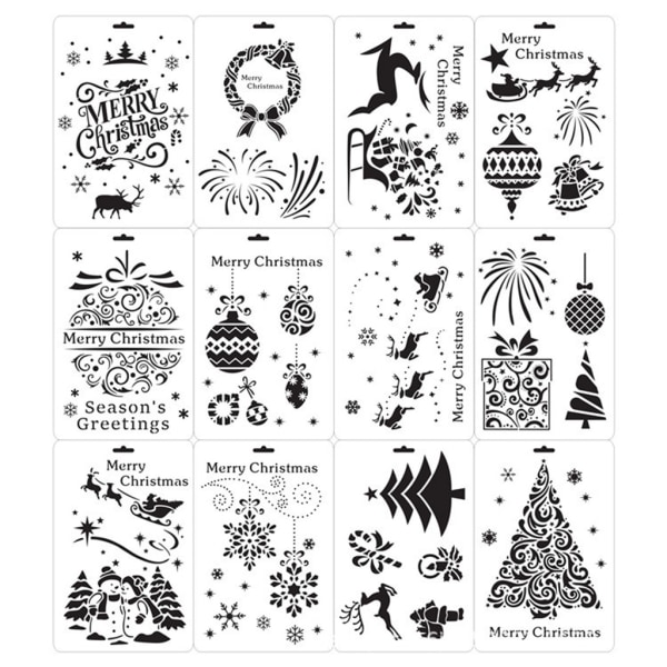 Pakke med 12 genanvendelige julemalerskabeloner DIY-tegneskabeloner