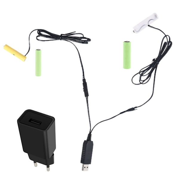 2i1 LR6 AA + LR3 AAA batterieliminator med EU USB strømforsyningsadapter til radio, elektrisk legetøj, ferie LED-lys
