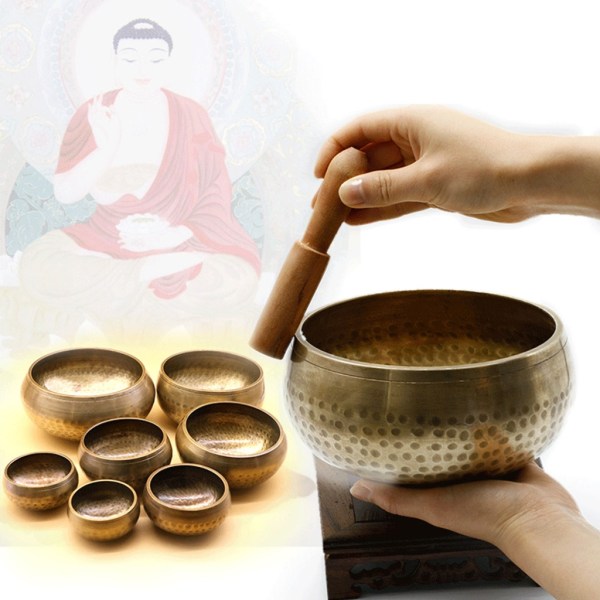 Ljudskål med träpinnekuddset Set Hantverk Musik Tibetansk sångskål för yogachakra 9.5cm