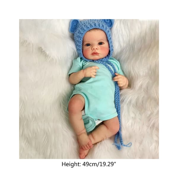49 cm verklighetstrogen simuleringsdocka med jumpsuit och mössa, leksak för barn