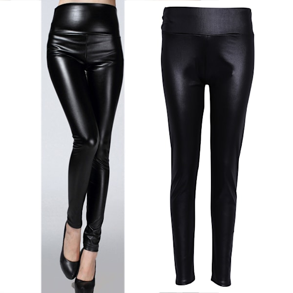 Kvinde Høj Talje Faux Læder Strækbar Pencil Bukser Blanke Matte Leggings Black