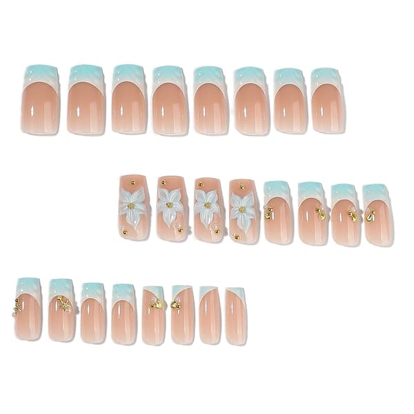 Bryllups Press On Manicure Sæt med Blå Hvid Blomsterstyling