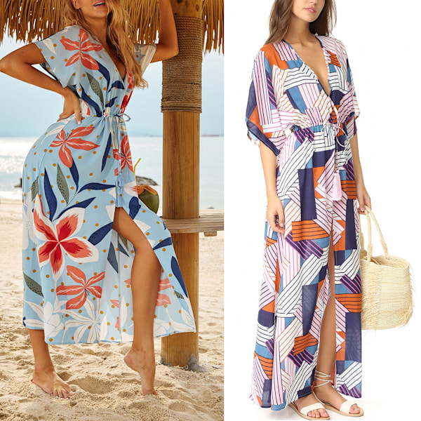 Kvinder Halv ærme badedragt cover up Boho geometrisk print strand maxi kjole Kaftan Colorful flower bloc