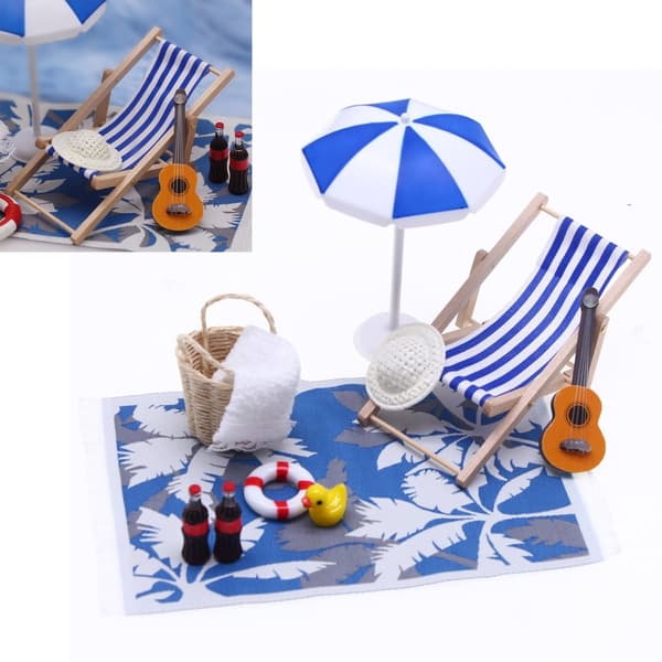 Kreativt strandtema dockhusmöbelset med solstol och solskydd