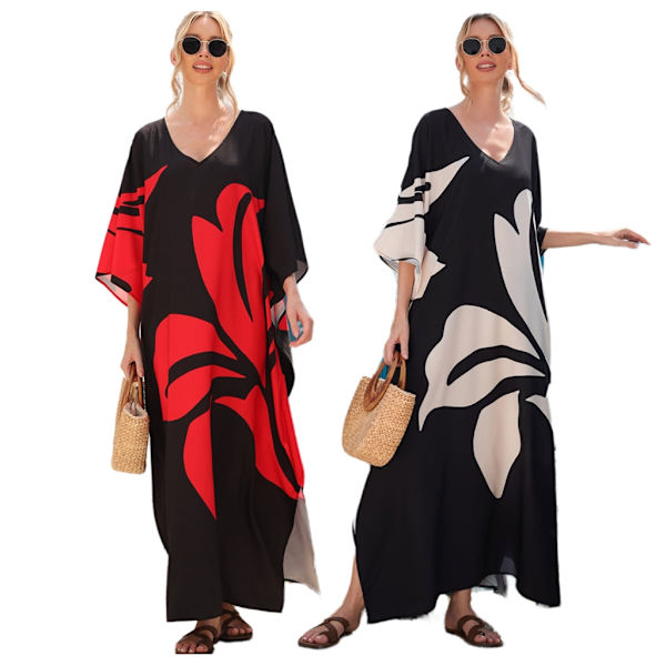 Uimapukukangas löysä rento rantakaftan-mekko Black apricot