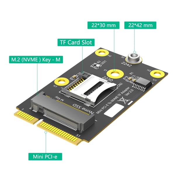 2 i 1 Mini PCIE til TF-kort USB2.0 og M.2 Key M Adapter Industriel