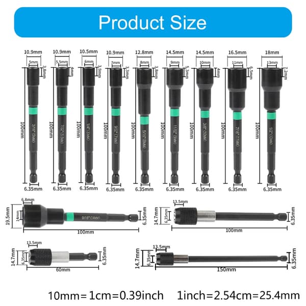13 stk. magnetisk muttertrekker sett lange skaft muttertrekker bits for bruk med drill