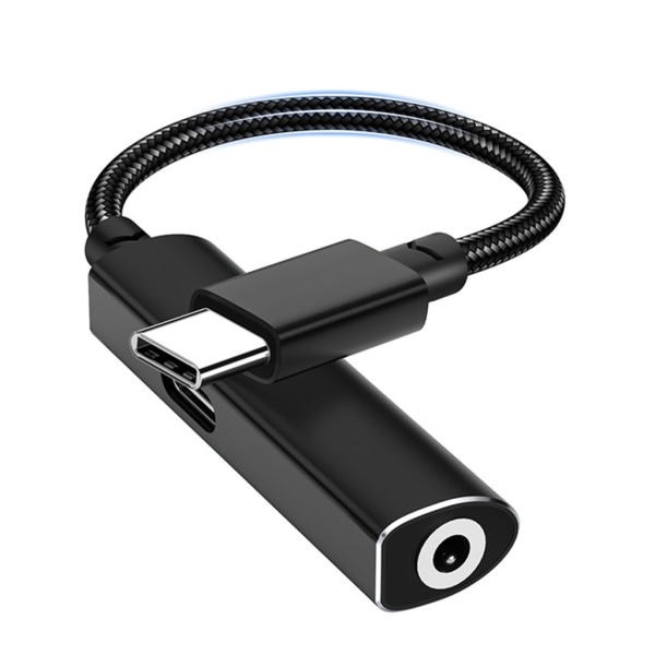 Typ-C till 3,5 mm/ USB C-konverterare hörlursadapter Nylon adapterkabel Black