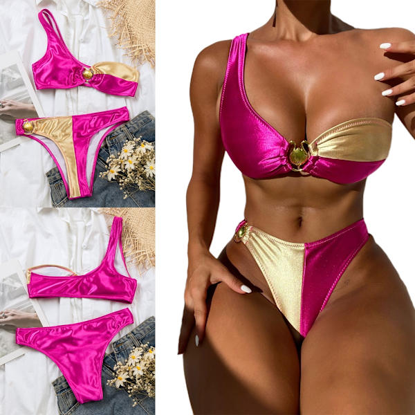 Dam badkläder med en axel, högt skurna baddräkter, push-up strandbikiniset S