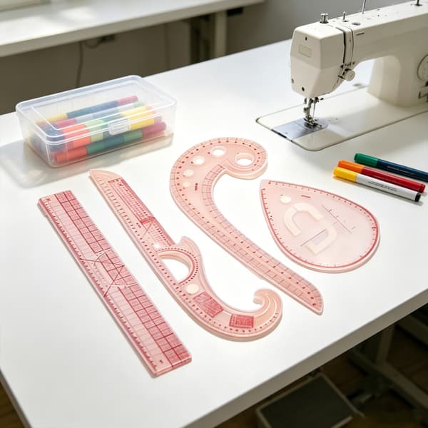 Måle- og skredderlinjalsett for motedesign med ergonomiske buede kanter