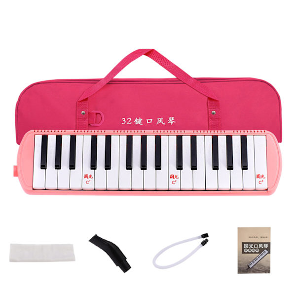 32 Tangenter Melodica Instrument Keyboard Luftklaver med Langt Rør, Korte Mundstykker Pink Soft Case