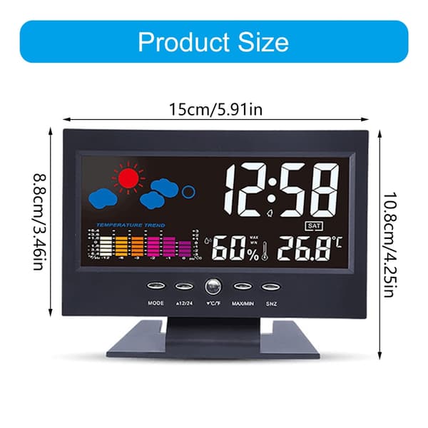 Klimamonitor med stort display, temperaturvisning, ur, kalender og alarm