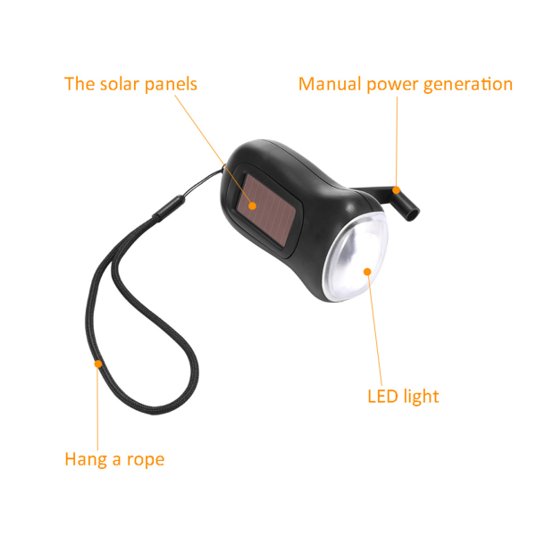 Nödladdare Ficklampa Handvev Generator Wind Up Solar Dynamo Powered 3 LED manuell ficklampa Ficklampa