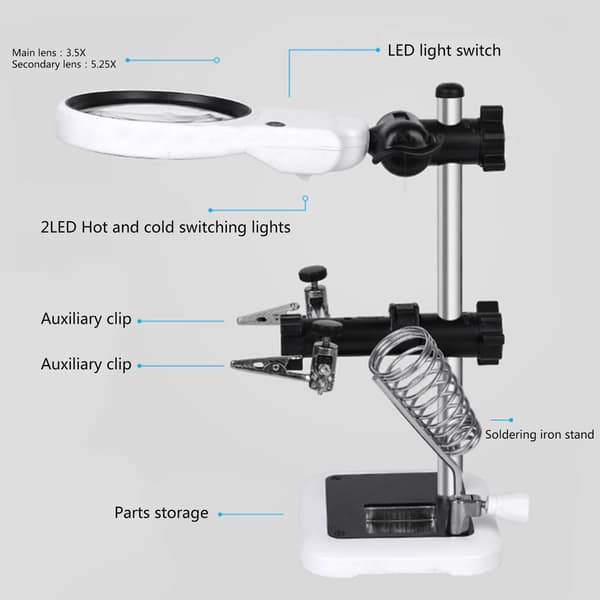 LED-lys Hjælpende Hænder Forstørrelsesglas Loddestation 3.5X 5.25X Belyst Stand