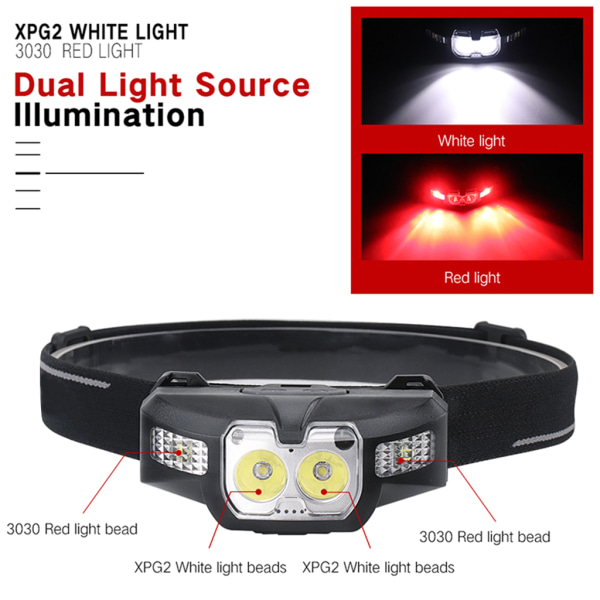 2xXP-G2+2x3030 Röd LED-ministrålkastare IR-rörelsesensor 5-läges strålkastare Uppladdningsbar vattentät huvudlampa för jakt