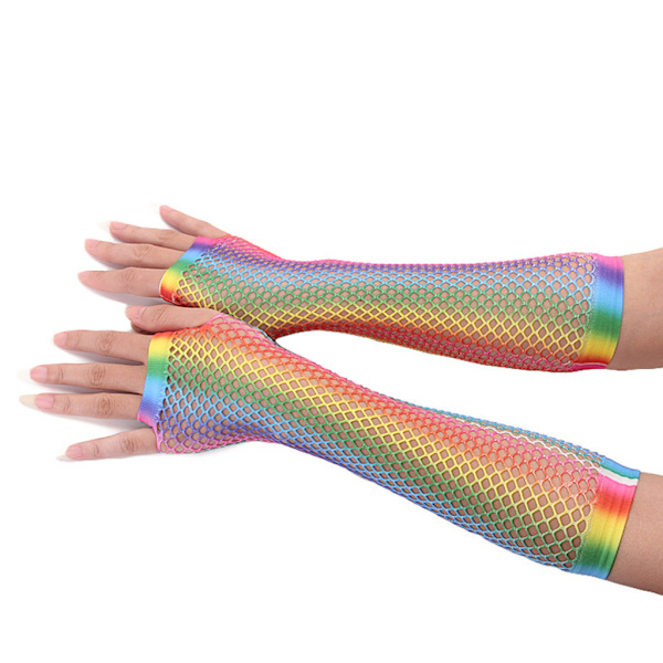 Fingerlösa näthandskar för kvinnor 80-tal långa nät Mesh Gradient Rainbow vantar