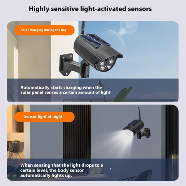 Falsk solcellsdriven säkerhetskamera, väderbeständig, realistisk CCTV-övervakningsutrustning
