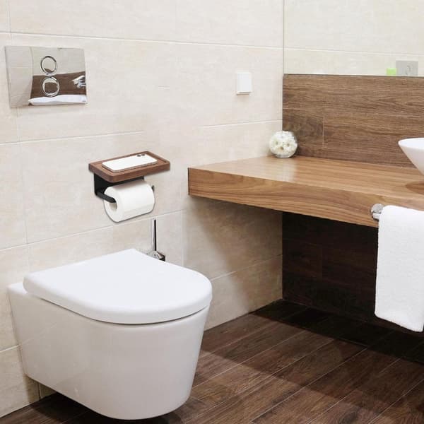 Pladsbesparende toiletpapirholder i rustfrit stål med valnøddehylde til vægmontering