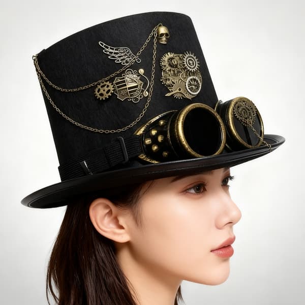 Hodeplagg i industriell stil med Steampunks urverksvingeaksenter