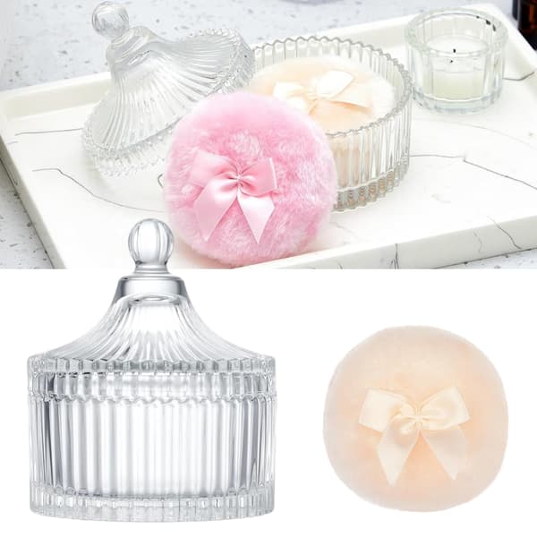 Set med 3 Överdimensionerade Kroppspuderpuffar i Elegant Glaslåda för Förvaring