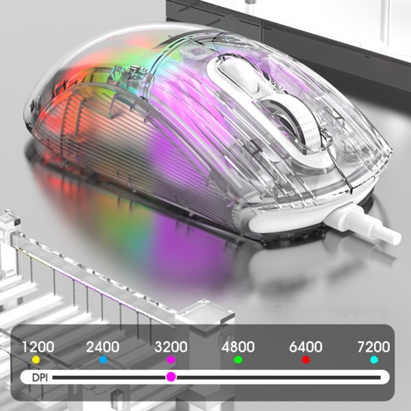 XYH10 Wired Mouse Gamer RGB Light Justerbar Transparent Game Mouse 6-växlad 7200DPI för tjejer Stationär bärbar dator Black