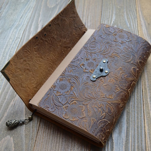 Präglat mönster reseanteckningsbok i mjukt läder med lås för nyckeldagbok Anteckningsblock Kraftpapper för skissskrivning Brown