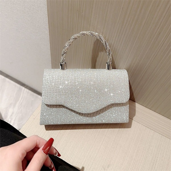 Stilig kveldsveske med glitrende dekorasjoner Elegant liten firkantet veske Silver
