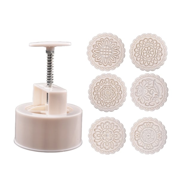 250g Mooncake Form med 6st runda blomstämplar Handpress Moon Cake Mould DIY Bakeware