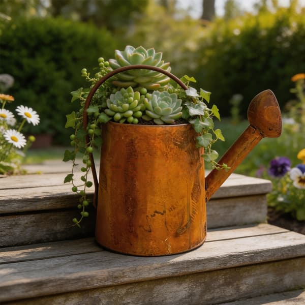 Kunstnerisk jernvandkandeformet blomsterpottebeholder med dræningssystem