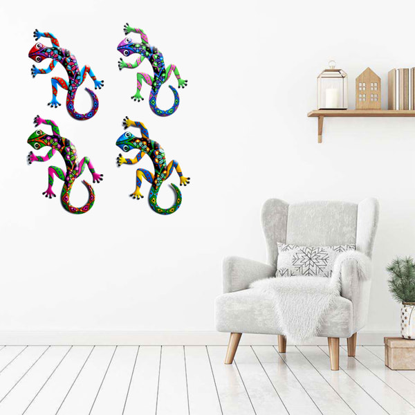 Färgglad metall-gecko väggkonstdekoration Smidesjärn ödla Skulptur Hängande glasprydnad för vardagsrum trädgård Ins Green