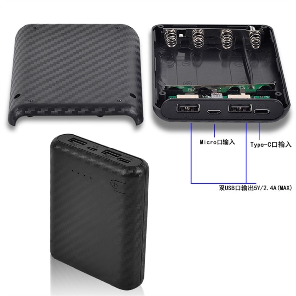 4x18650 Power Bank-skal Cover Mobilt Power Case Gör-det-själv-skal Förvaringslåda Lätt och hållbar typ-c/mikro användning Black