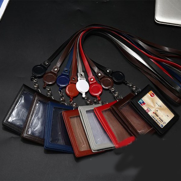 Leather Card Sleeve Clear Window Card Protector Badge Holder med snor Red