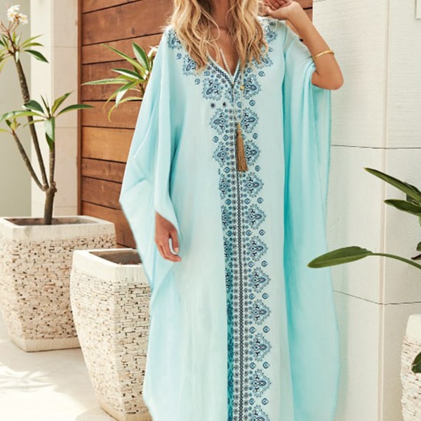 Kvinde Lang Batwing Ærmer Kaftaner Badetøj Cover Up Etnisk Vintage Blomster Prin