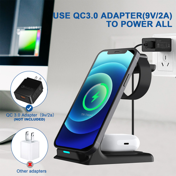 Wireless Charger 2021 Upgrade 3 in 1 Wireless Charging Stand Dock Pad för i-Phone 8/9/10/11Series/12/12Pro/12 Pro Max