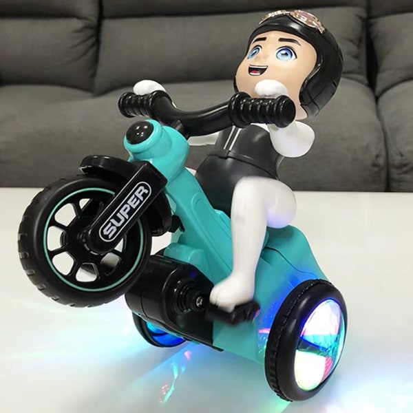 7'' Stuntcykelleksak Elektronisk leksak Trehjuling för barn Interaktiv billeksak för med rundstrålande hjul & musik 360°Ro Blue