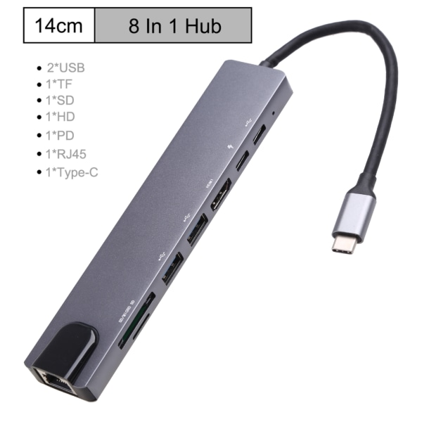 USB C Hub 8 i 1 aluminium USB C Dockningsstation med USB 3.1-portar SD TF Card Splitter PD 87W Hub för PC Bärbara datorer Dator