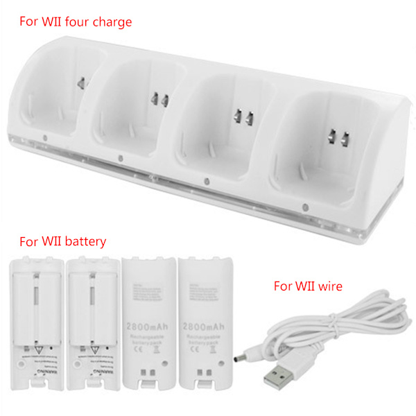 4-i-1 batteriladdare Laddningsstation med USB -kabel för Wii Game Console Fjärrkontroll Gamepad Speltillbehör