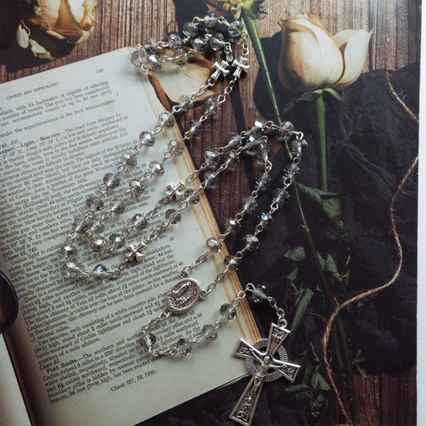 Grå kristall radband halsband långa kors hänge kvinnor pärlstav religiösa smycken