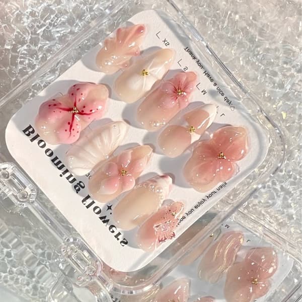 3D Blomster Press On Negle Med Sommerfugl Fransk Tip, 3D Blomster Perle Accent