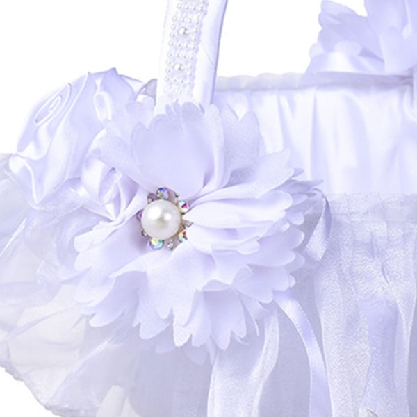 Blomkorg Lämplig för bröllopsceremoni Söt liten vit satinblommakorgar med handtag spets & konstblommor