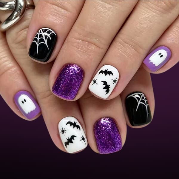 Gør-det-selv Halloween Press On Manicure Sæt, Lilla Accent Web Stil