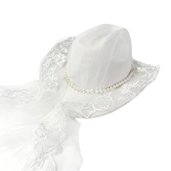Romantisk Cowboyhatt med Perlebroderi Blomsterslør Fedorahatt til Bryllup