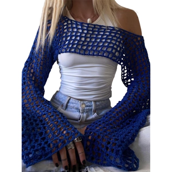 Kvinnors virkade strandkläder Lös baddräkt Solskydd Pullover Smock Crop Tops Navy blue S