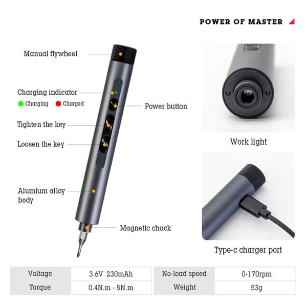 Ladattava johdoton ruuvimeisselisarja ergonomisella otteella ja LED-valolla