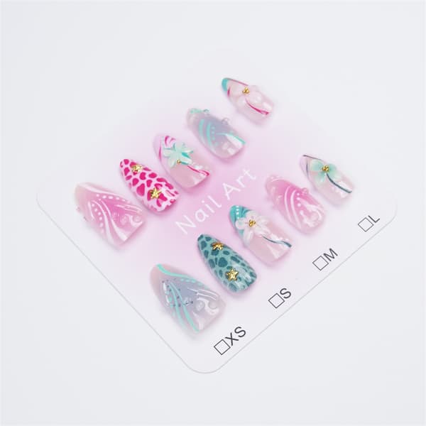 3D Blomster Press On Manicure Sæt i Gradient Pink Teal med Metallisk Søstjerne