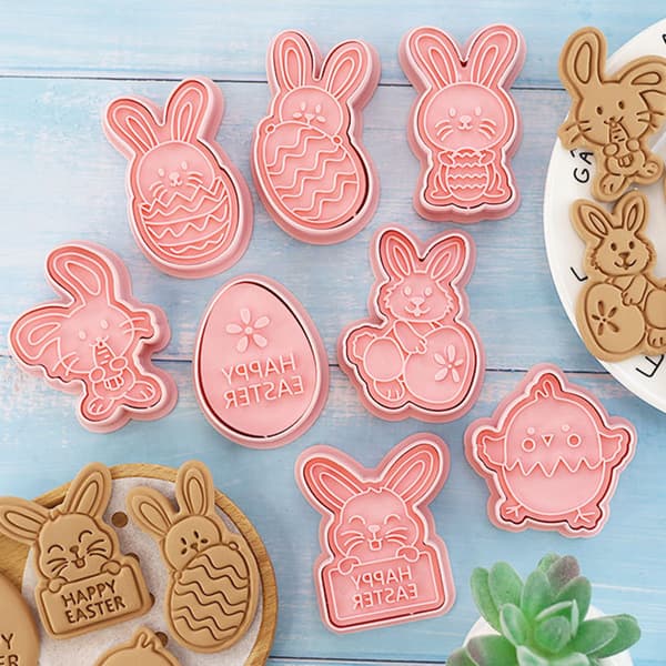 Sett med 8 Påske Kakeformer Egg Kanin 3D Plast Kake Stempler Baking Bakverk