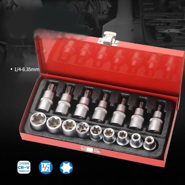 Torx Bit Socket Sett med Koffert E10-E24 T30-T70 16 stk Stål Star Bit Sett for