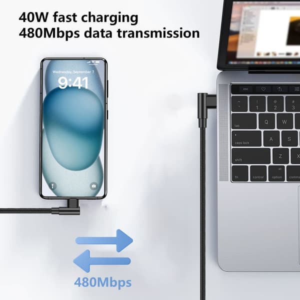 Rettvinklet ladekabel støtter 40W lading og 480 Mbps dataoverføring